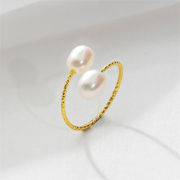 Tajade Rice Shaped Freshwater Pearl Ring Double Pearl Open Design White 5-6mm